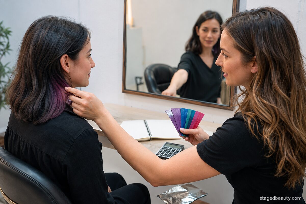 Client and colorist planning peekaboo placement with vivid swatches during a salon consultation.
