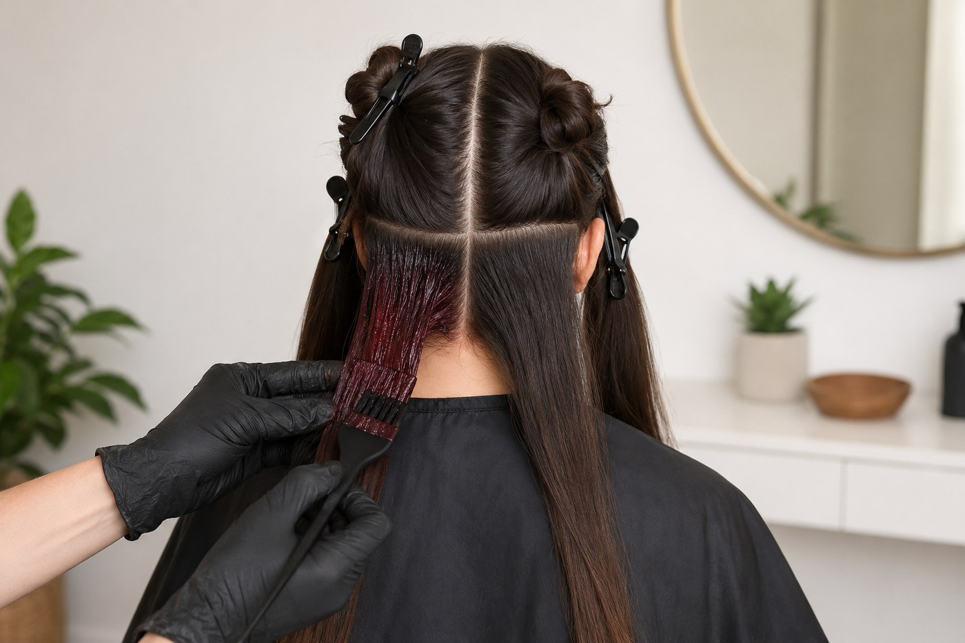 Dark hair divided into four quadrants while color is brushed through a lower section.