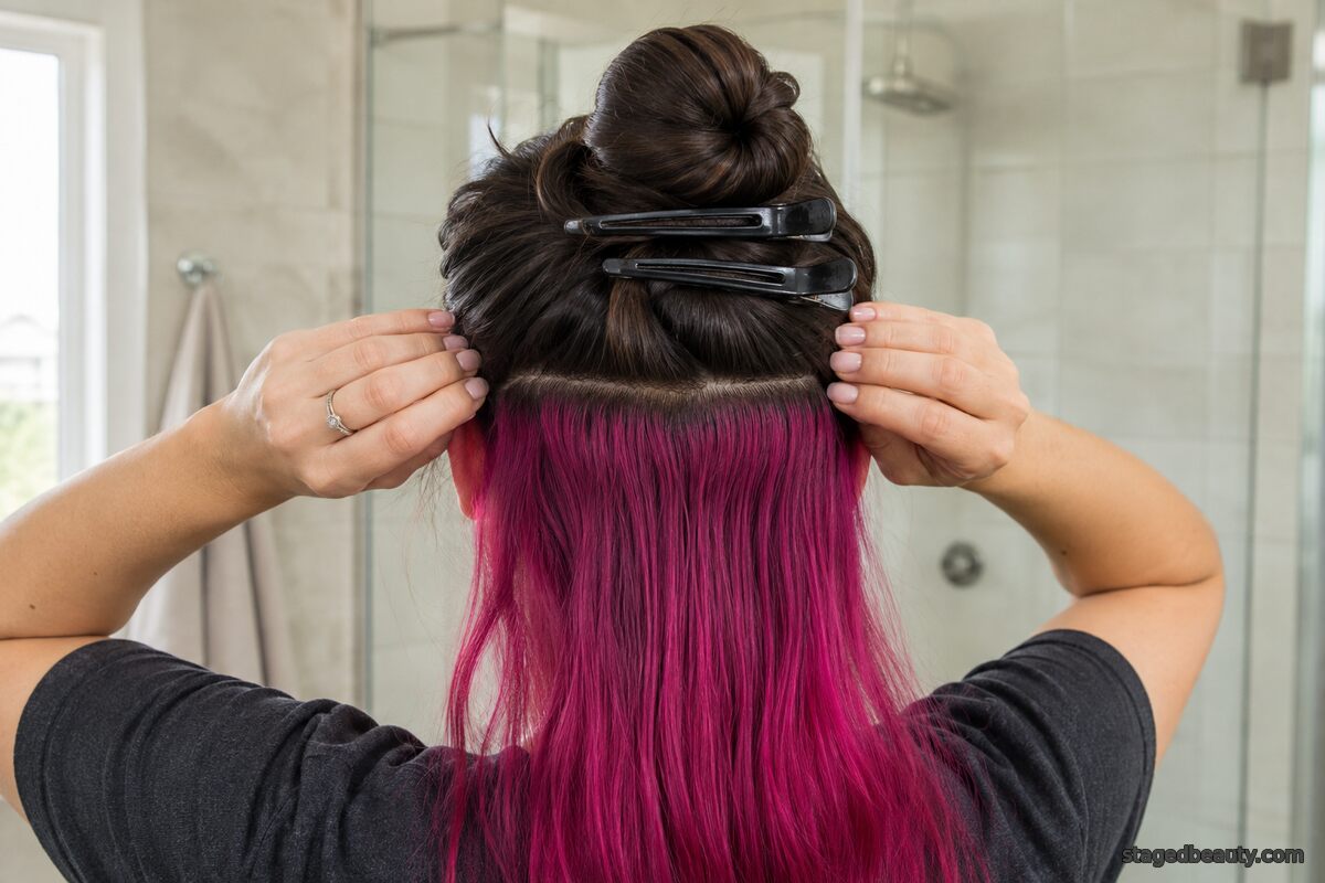 Part from ear to ear and secure the top layer tightly before water touches the hair.