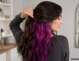Peekaboo color stays hidden under the natural top layer until the hair is lifted.