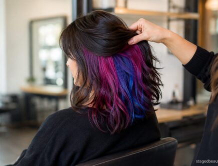 Salon reveal of blue and magenta peekaboo color beneath dark brunette hair.