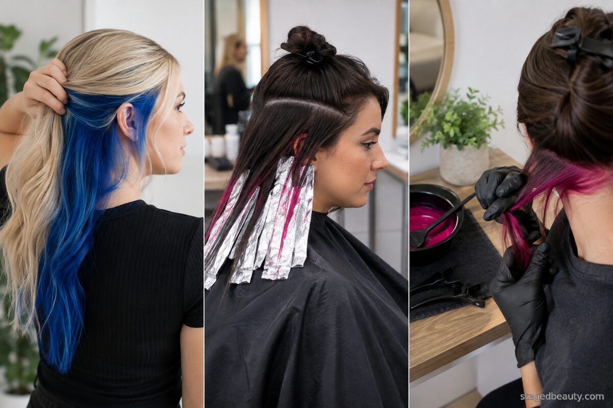 Three-panel comparison of blonde direct color, brunette salon lightening, and at-home peekaboo coloring.