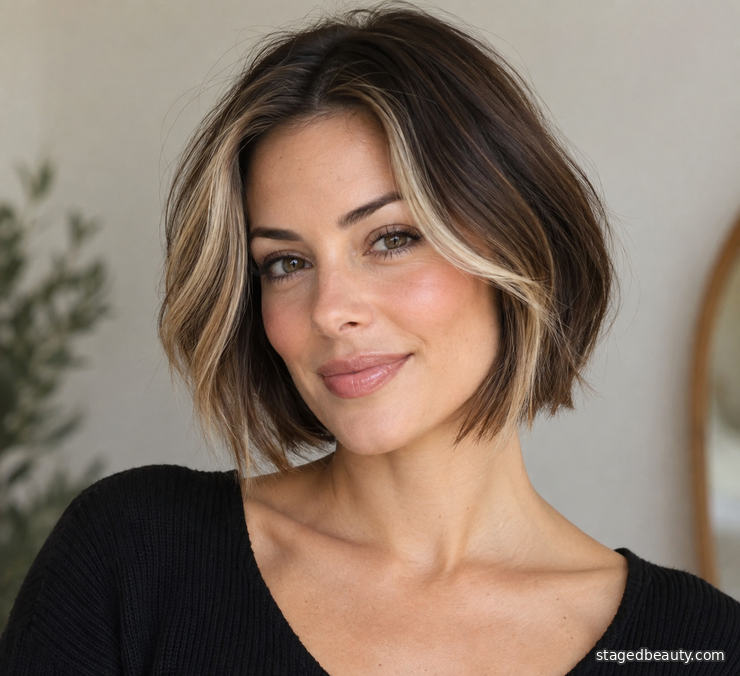 Blonde face-framing money piece on short brunette bob