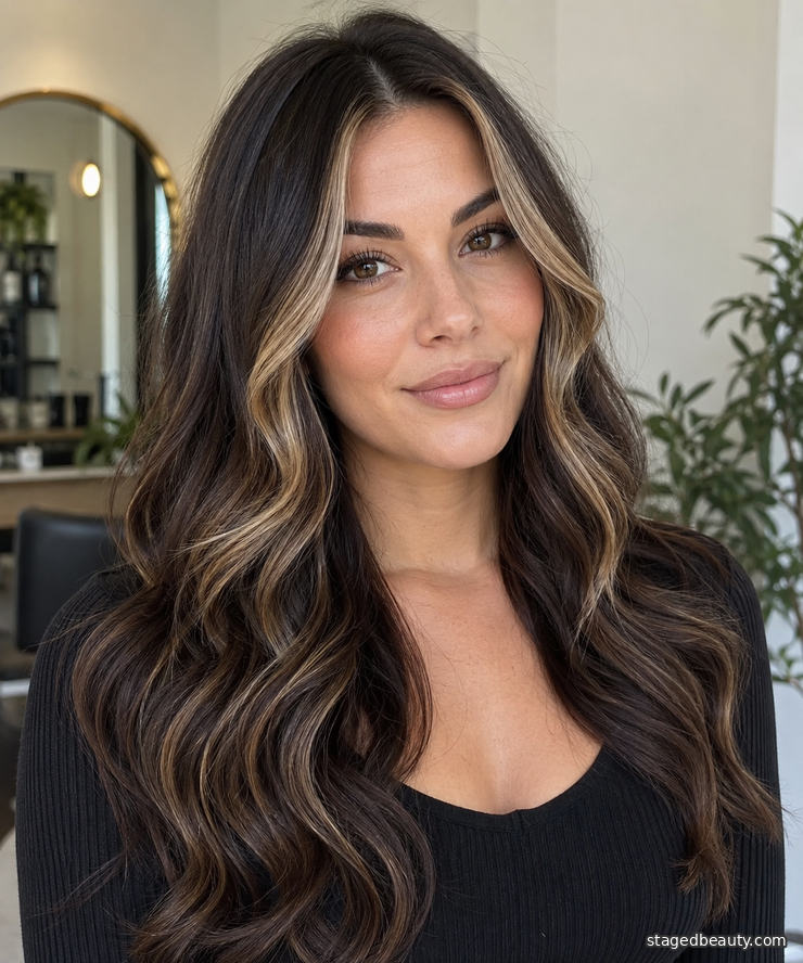 Bright blonde money piece highlights on long brunette hair