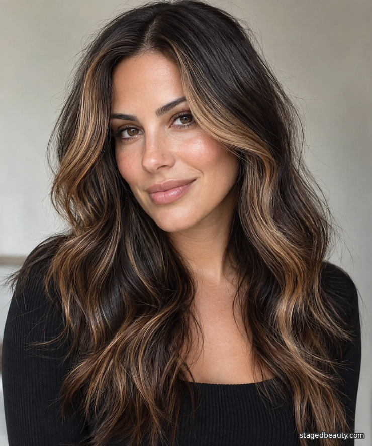 Caramel money piece highlights warming dark brown hair