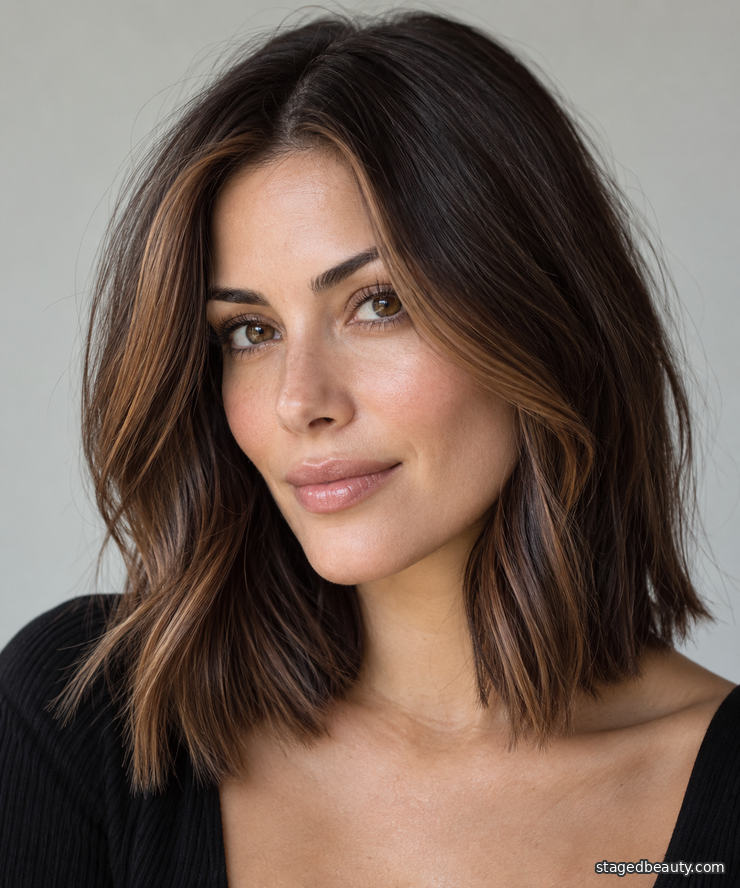 Chestnut brown face-framing money piece on glossy brunette hair