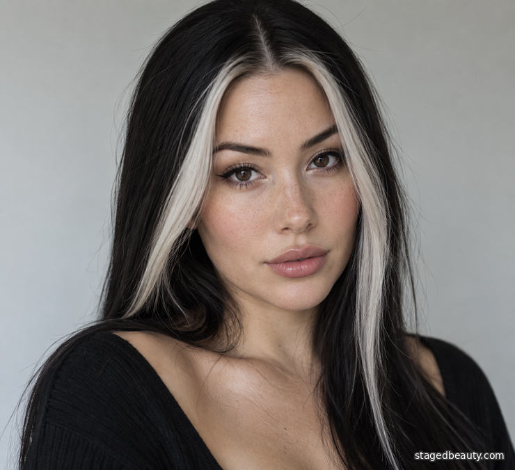 Cool white money piece highlights on near-black hair