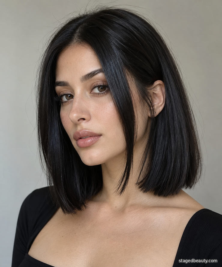 Glossy black face-framing money pieces on soft black hair