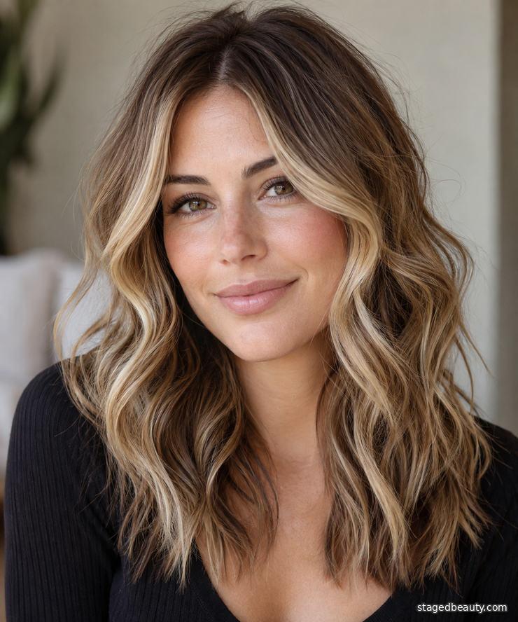 Golden blonde face-framing money piece on bronde hair