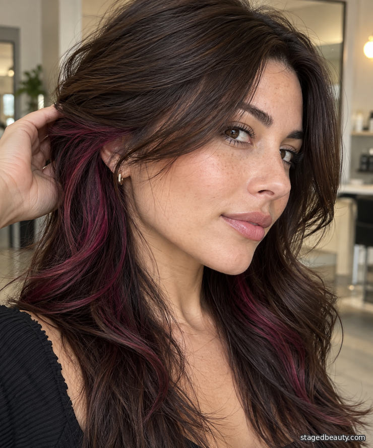 Hidden magenta underneath money piece revealed in layered brown hair