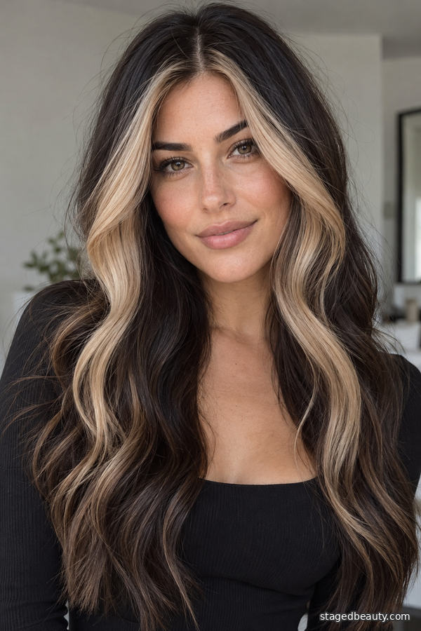 High-contrast blonde money pieces with dark brunette lengths