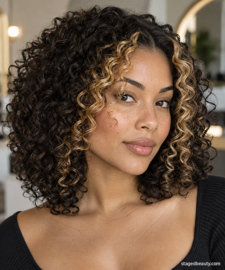 Honey blonde money piece highlights in natural curly hair
