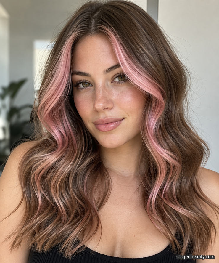 Pastel pink money piece highlights on medium brown hair