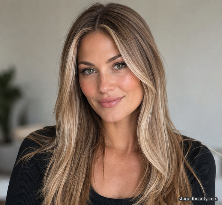 Soft beige money piece highlights on dirty blonde hair