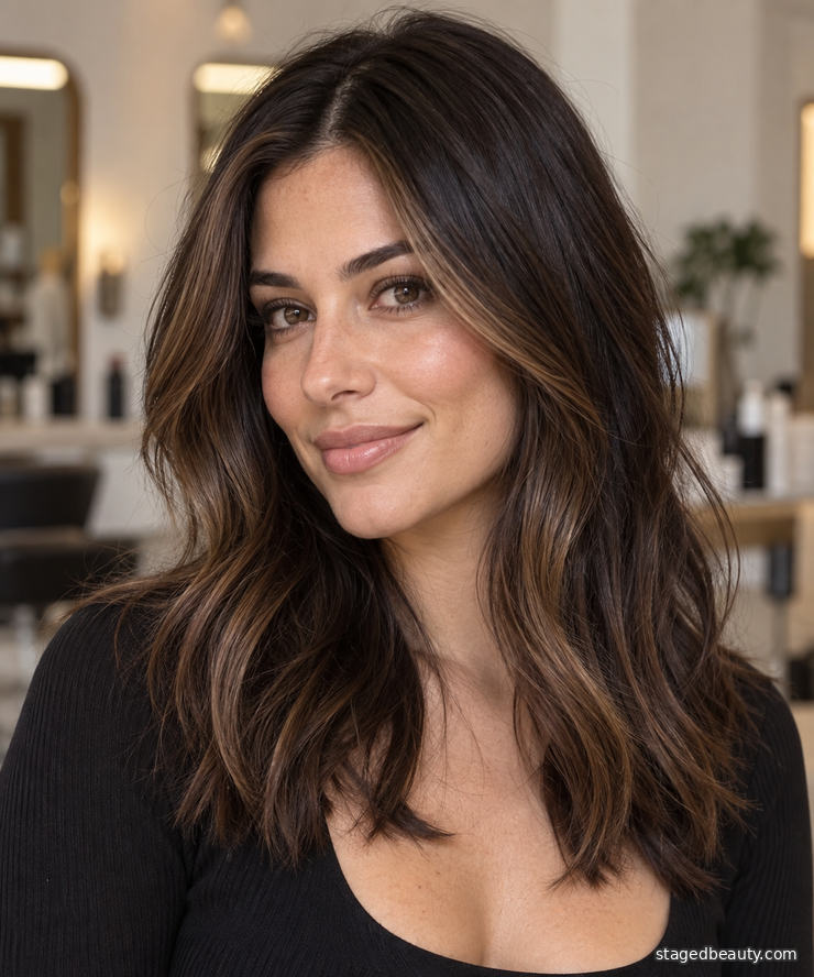 Subtle chestnut money piece highlights framing a brunette face