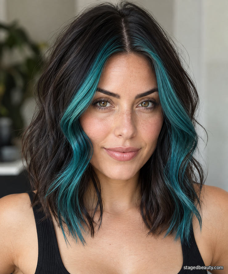 Teal blue-green money piece highlights against dark hair