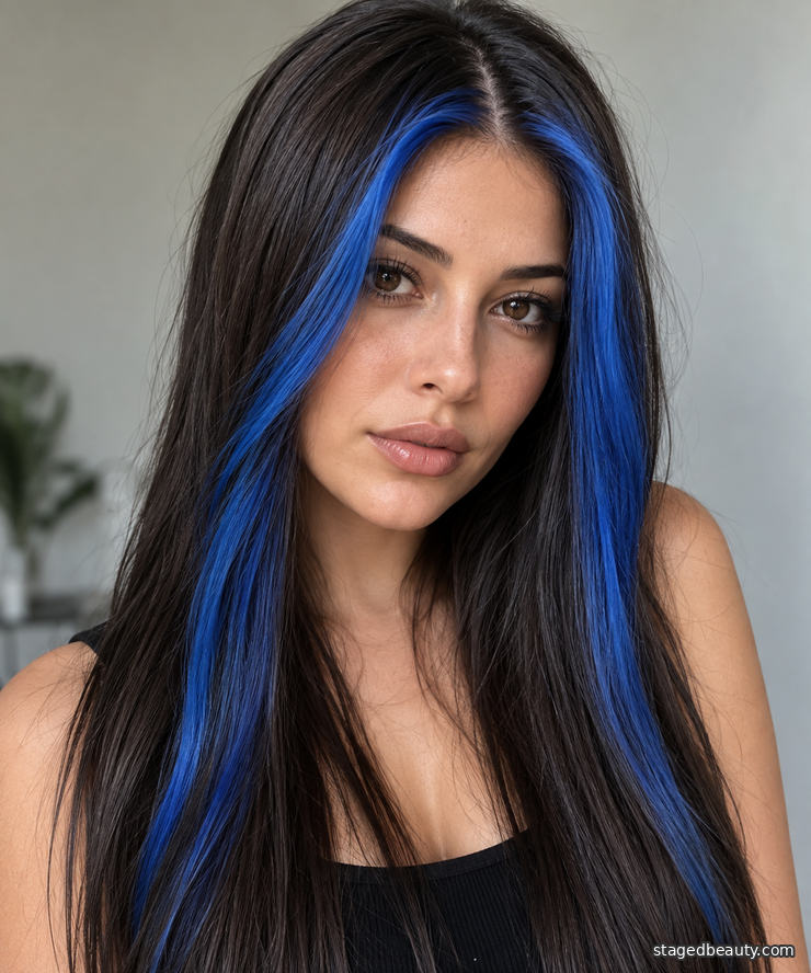 Vivid blue face-framing money piece on brown hair