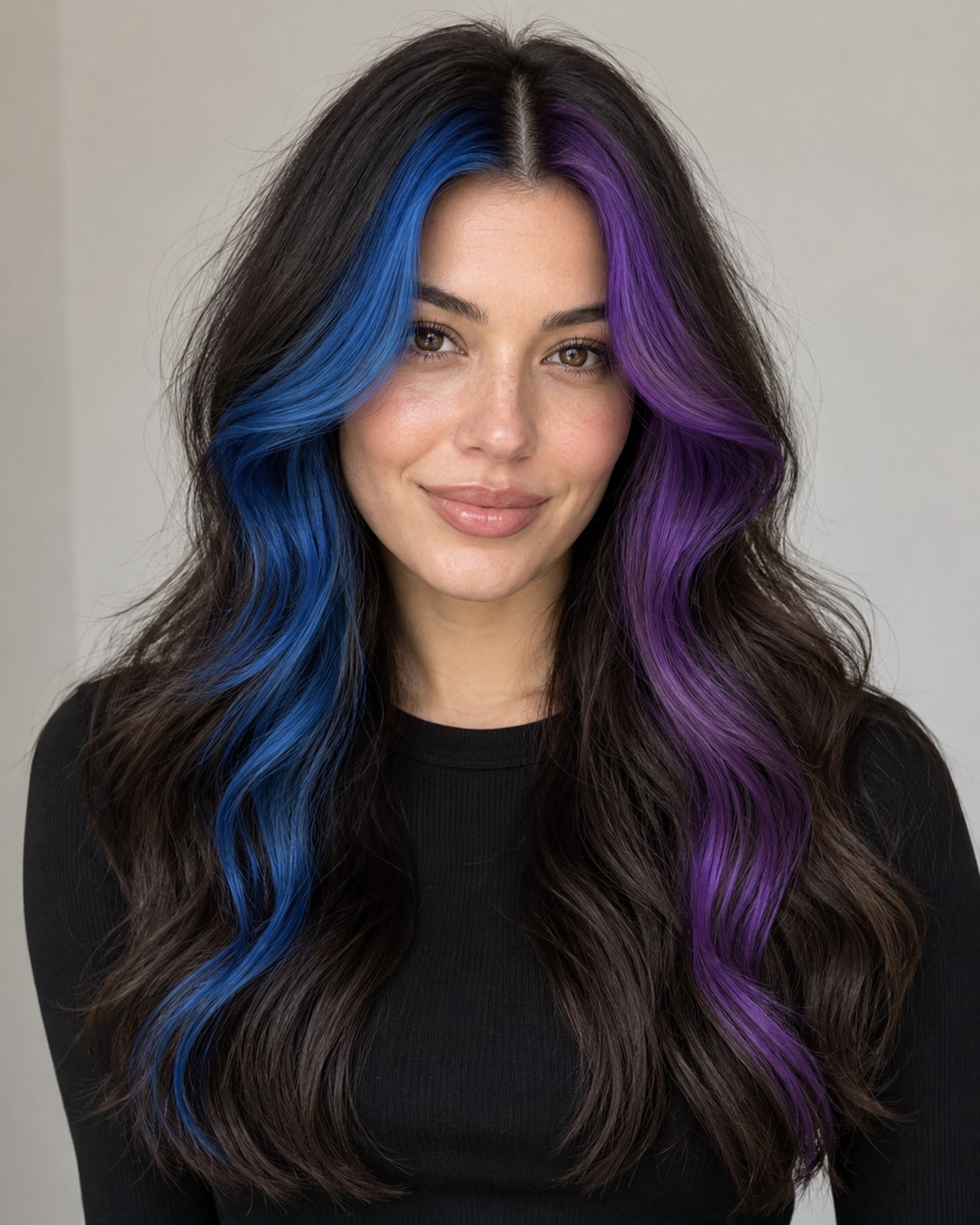 Dark brown waves with cobalt blue and violet purple face framing money pieces
