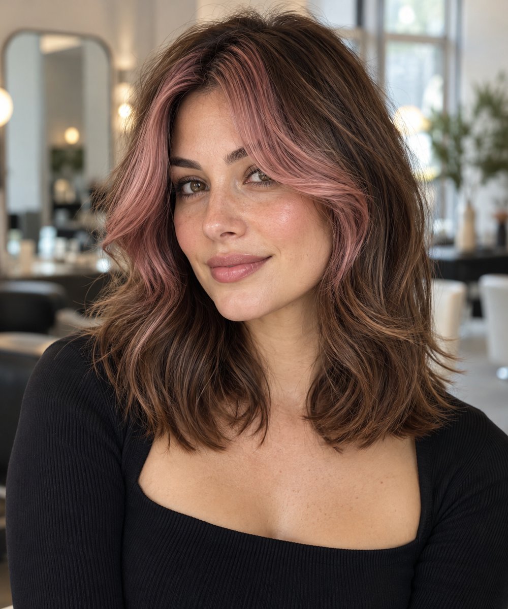 Dusty rose pink curtain bangs framing the face on shoulder-length chocolate brown hair