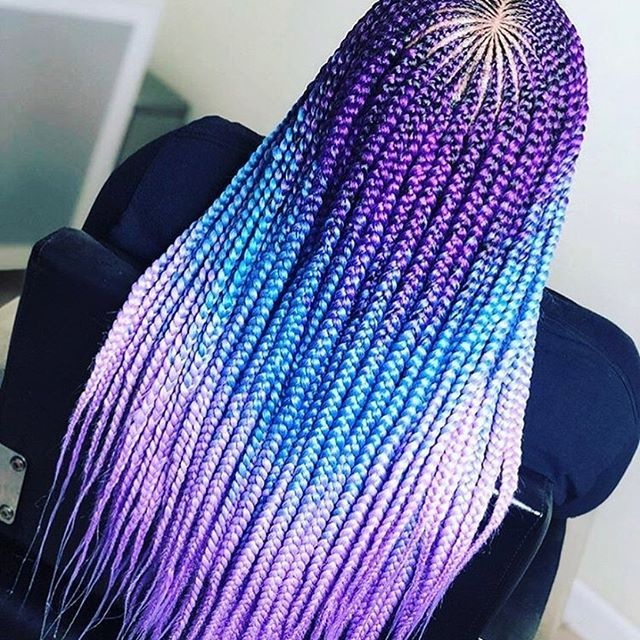 Long purple and blue box braids fading into lavender ends