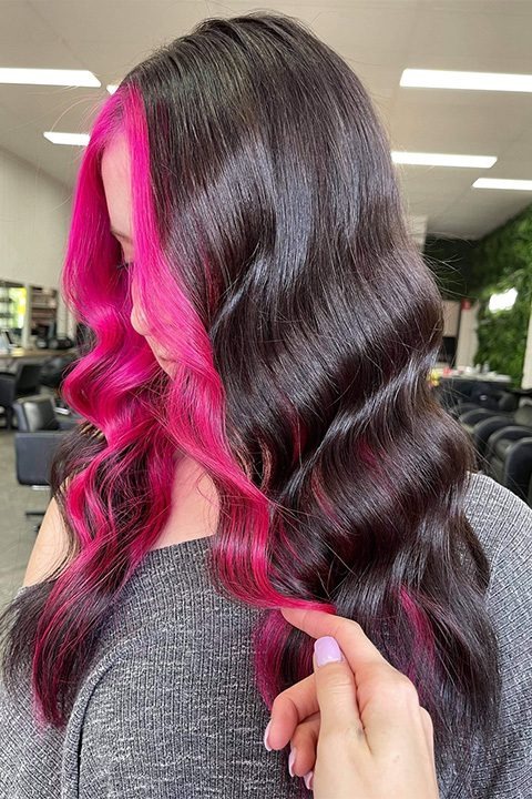 Magenta highlights dark brown hair