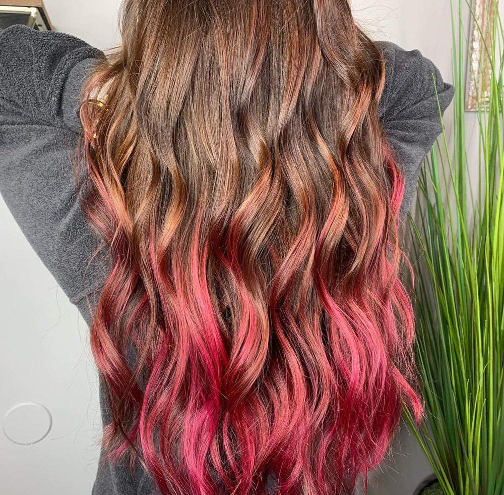 Neon pink dip dye brown hair