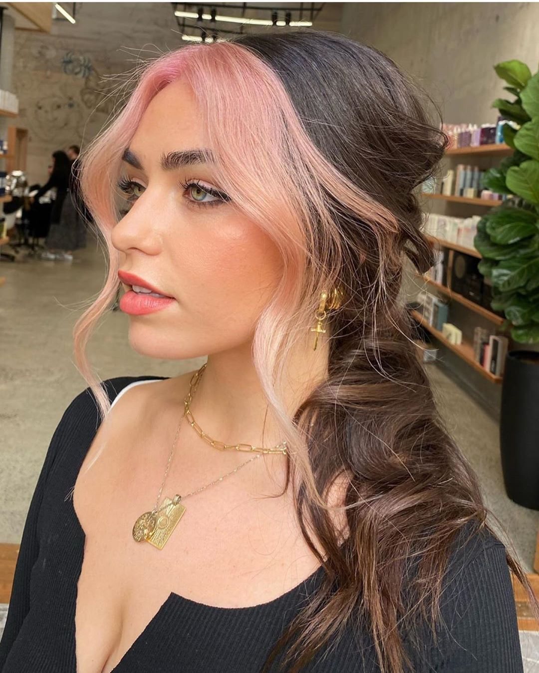 Pink money piece dark brown hair