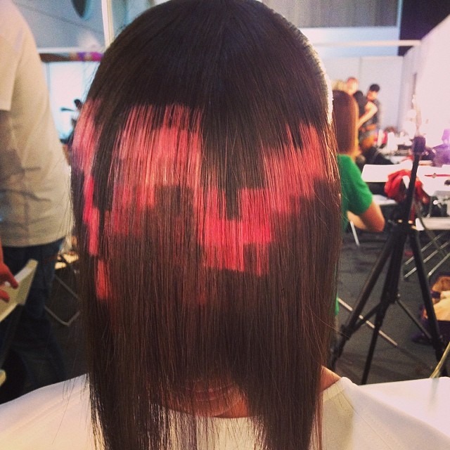 Pink pixel highlights brown hair