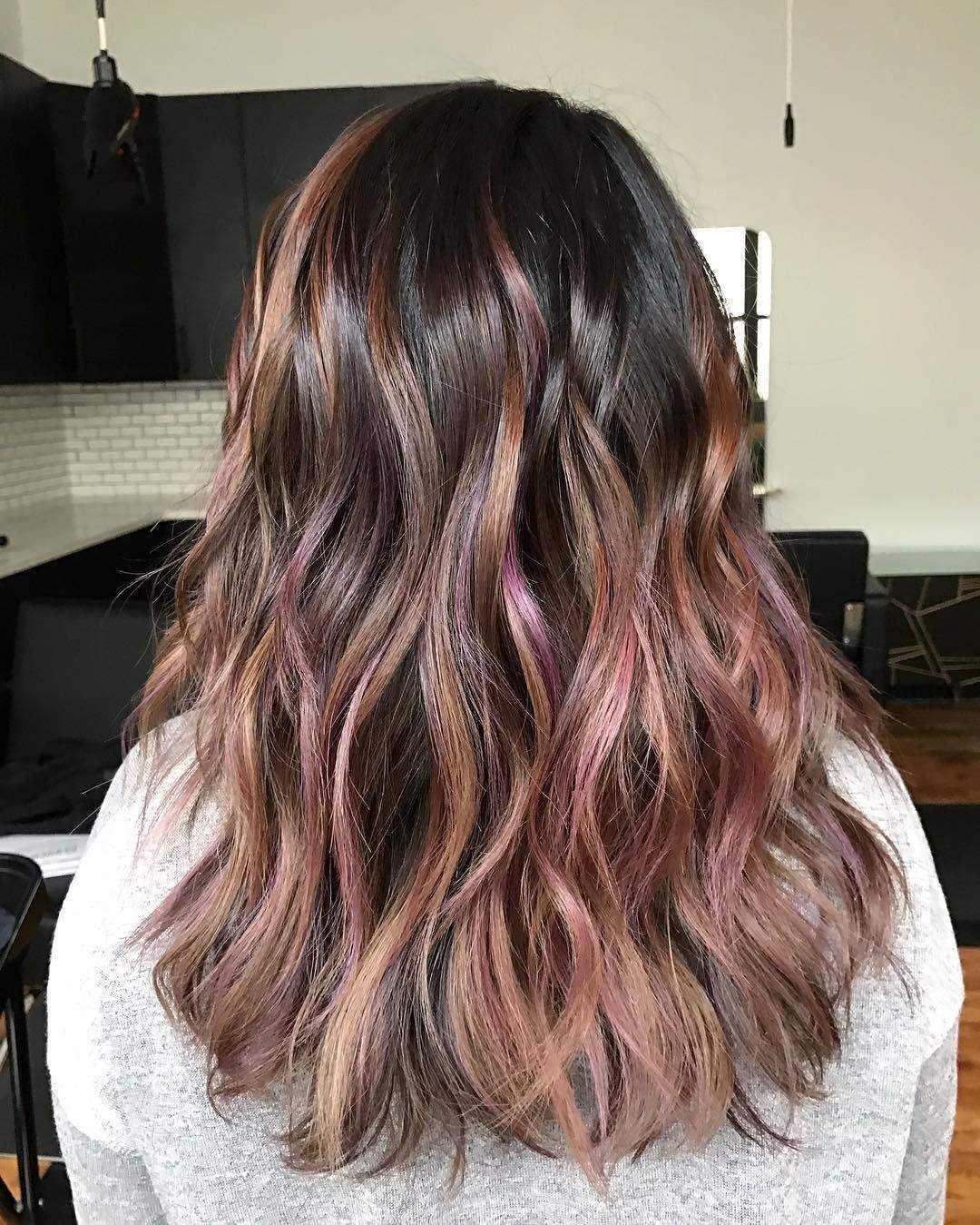 Rose gold pink balayage brown hair