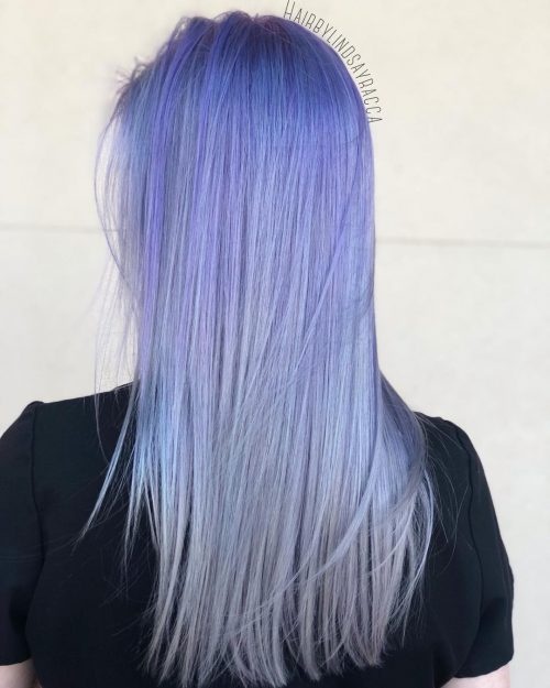Straight pastel blue and lavender hair with a soft silver toned gradient